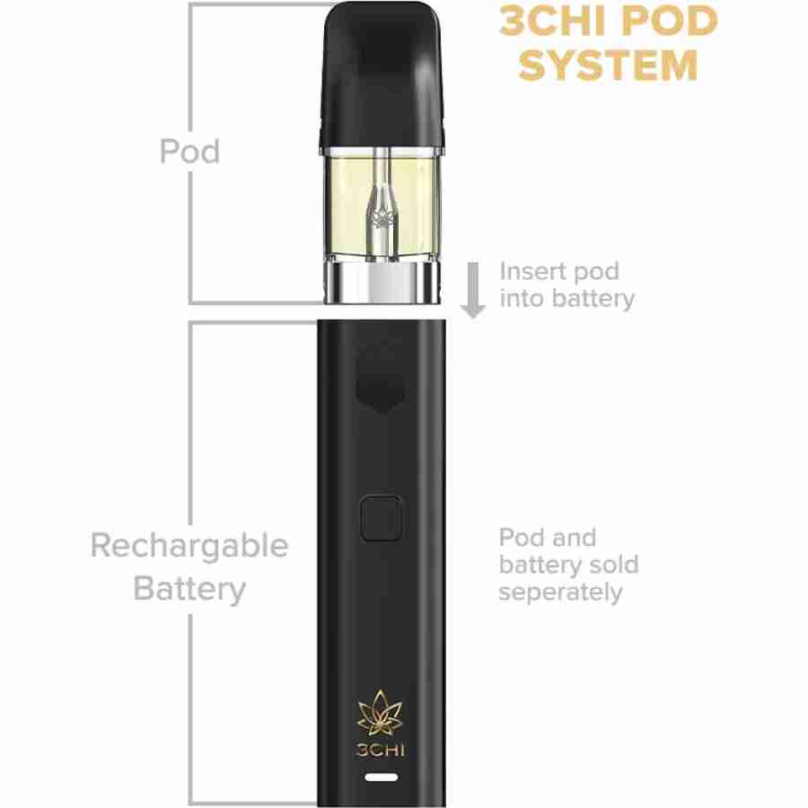 A 3CHI Vape Pod Battery Starter Kit with a battery and atomizer, including 3CHI Kyle Kush THC Disposable Vapes.