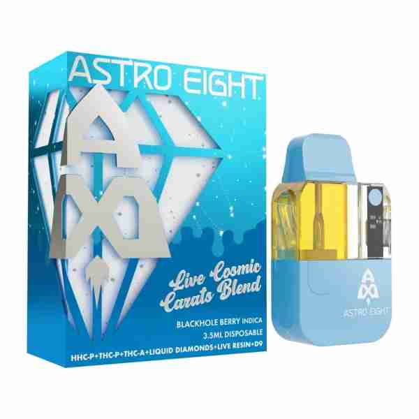 Astro Eight Live Cosmic Carats Blend Disposable Vapes 3.5g vape kit with a blue box.
