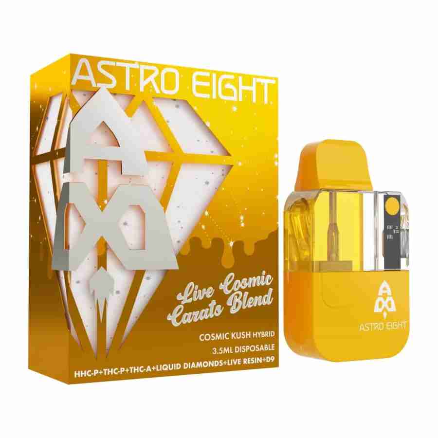 A yellow box containing Astro Eight Live Cosmic Carats Blend Disposable Vapes 3.5g.