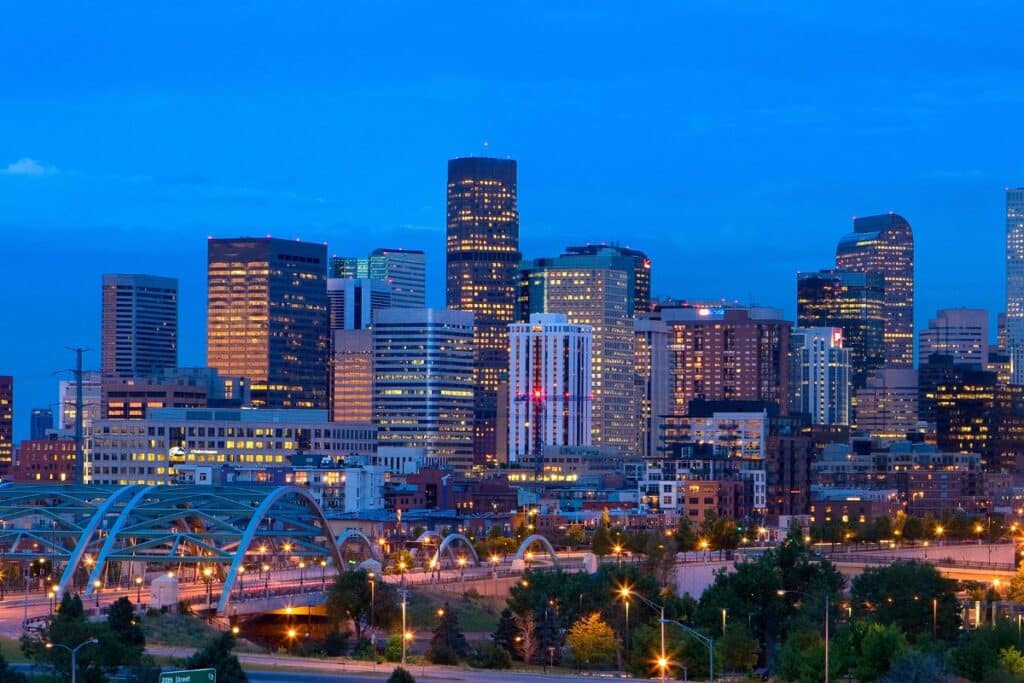 Denver skyline at dusk, perfect for 420 vacations.