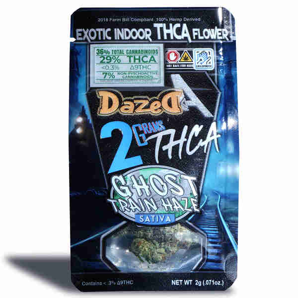 Dazed8 THC-A Exotic Indoor Flowers 2g is an exotic CBD flower with high levels of THC-A ghost train haze strain flavor