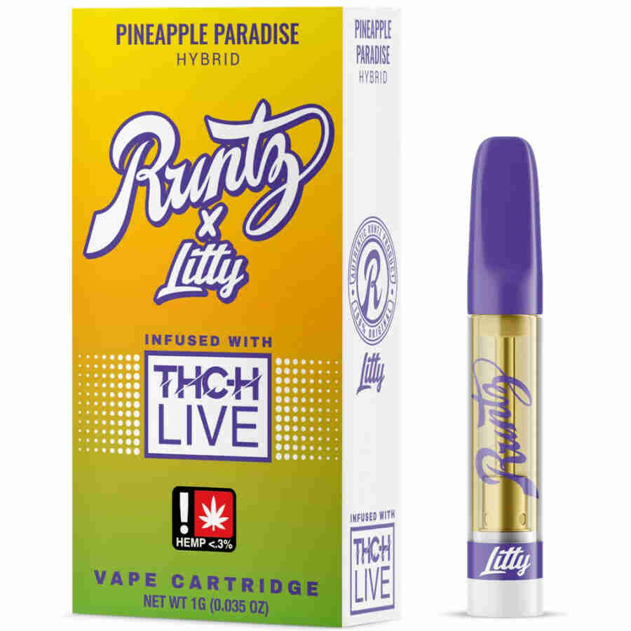 A box and bottle of Runtz x Litty THC-H Infused Cartridges 1g.