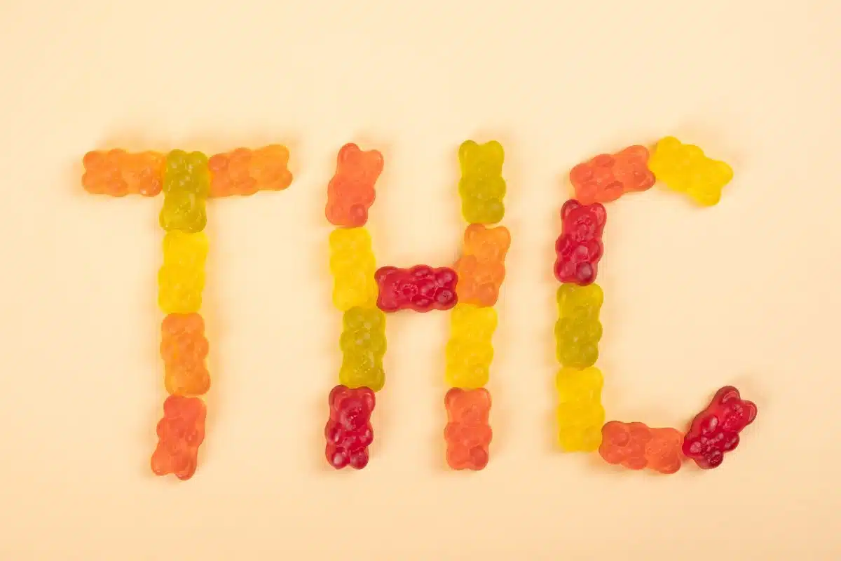 Gummy bears forming the word "THC"
