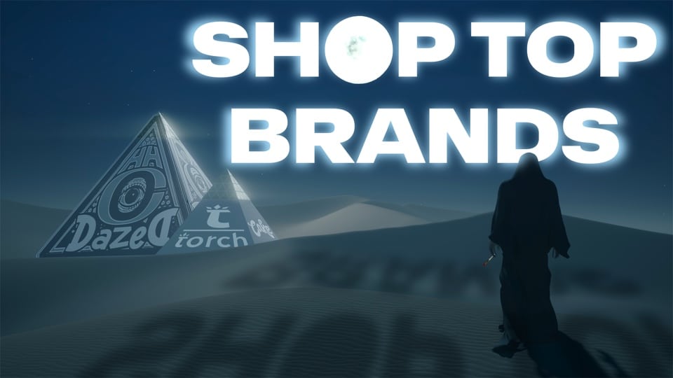 A man is standing in the desert with the words shop brands.
