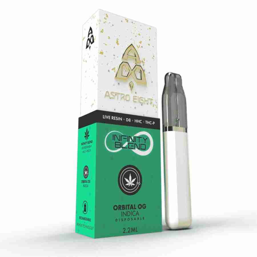 Astro Eight Infinity Blend Live Resin Disposable Vapes 2.2g presented in a box.