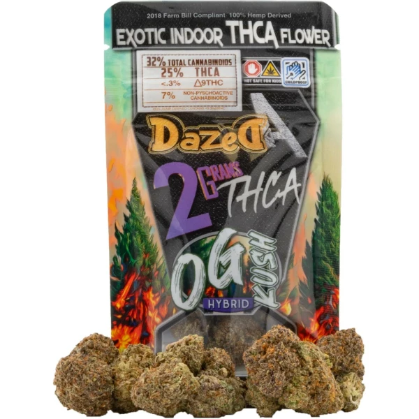 A bag of Dazed8 THCA Premium Indoor Flowers | 2g in front of a fire.