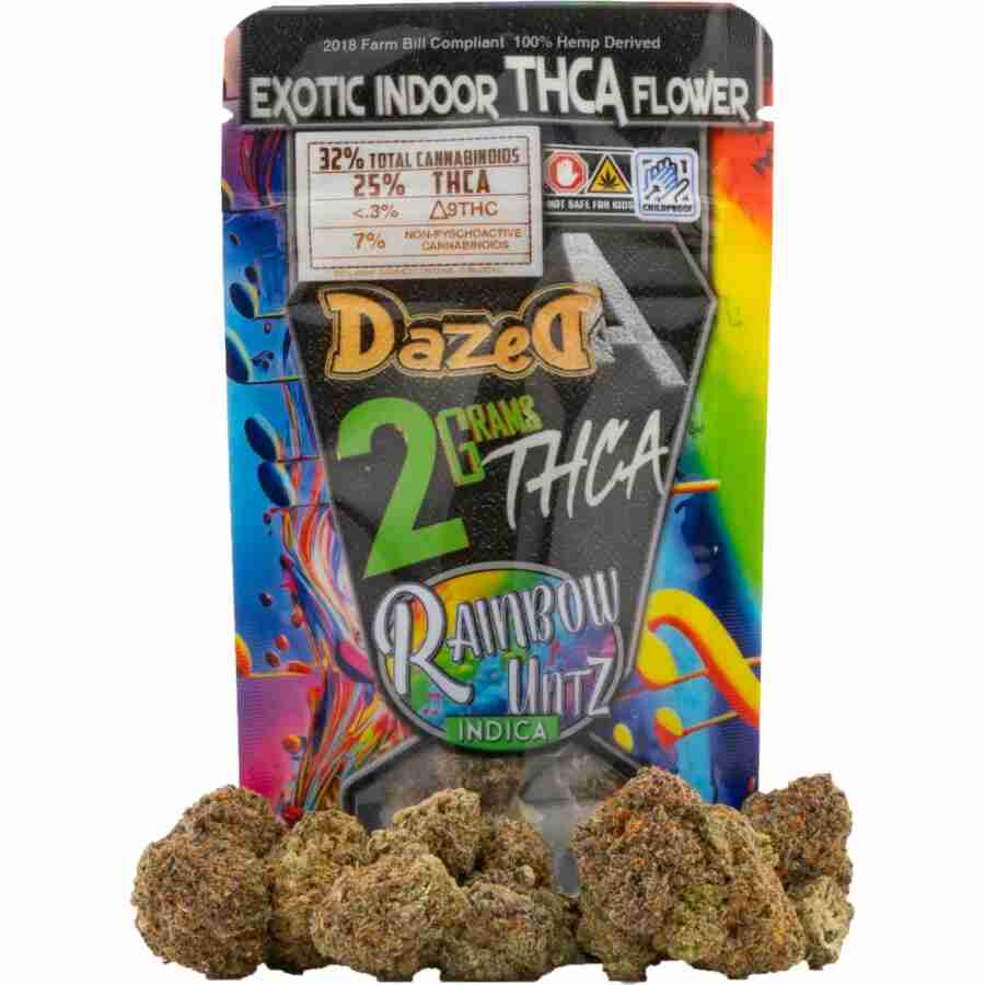 A bag of Dazed8 THCA Premium Indoor Flowers | 2g with a rainbow flower on it.
