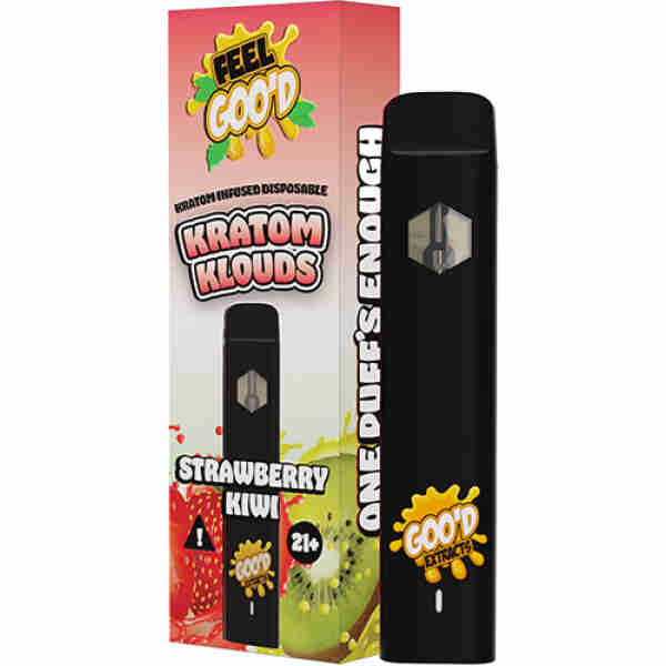 A black box containing Goo'd Extracts Kratom Clouds Disposable Vape Pens with 2.2g of liquid.