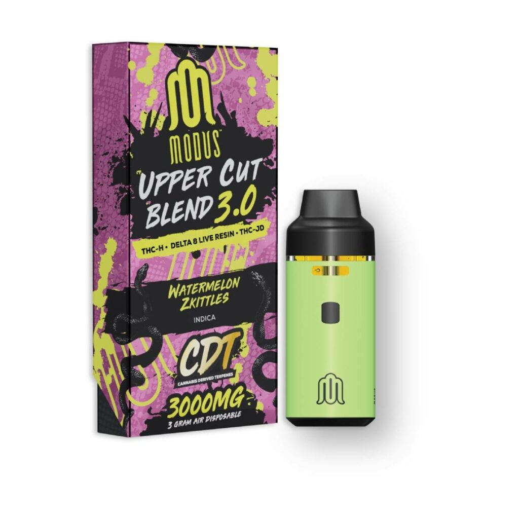 A green Modus Upper Cut Blend Disposables 3.0g with a green e-liquid and a box.