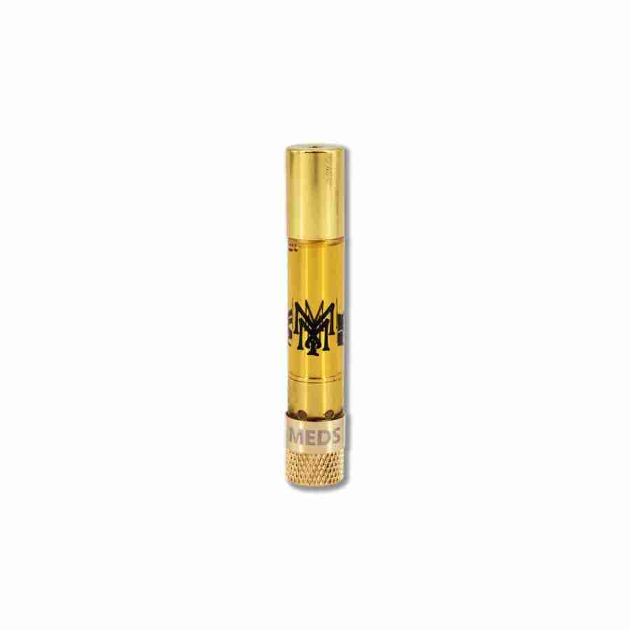 A Muha Meds Delta-8 Disposable Vapes 1g (Copy) bottle with a gold cap on a white background.