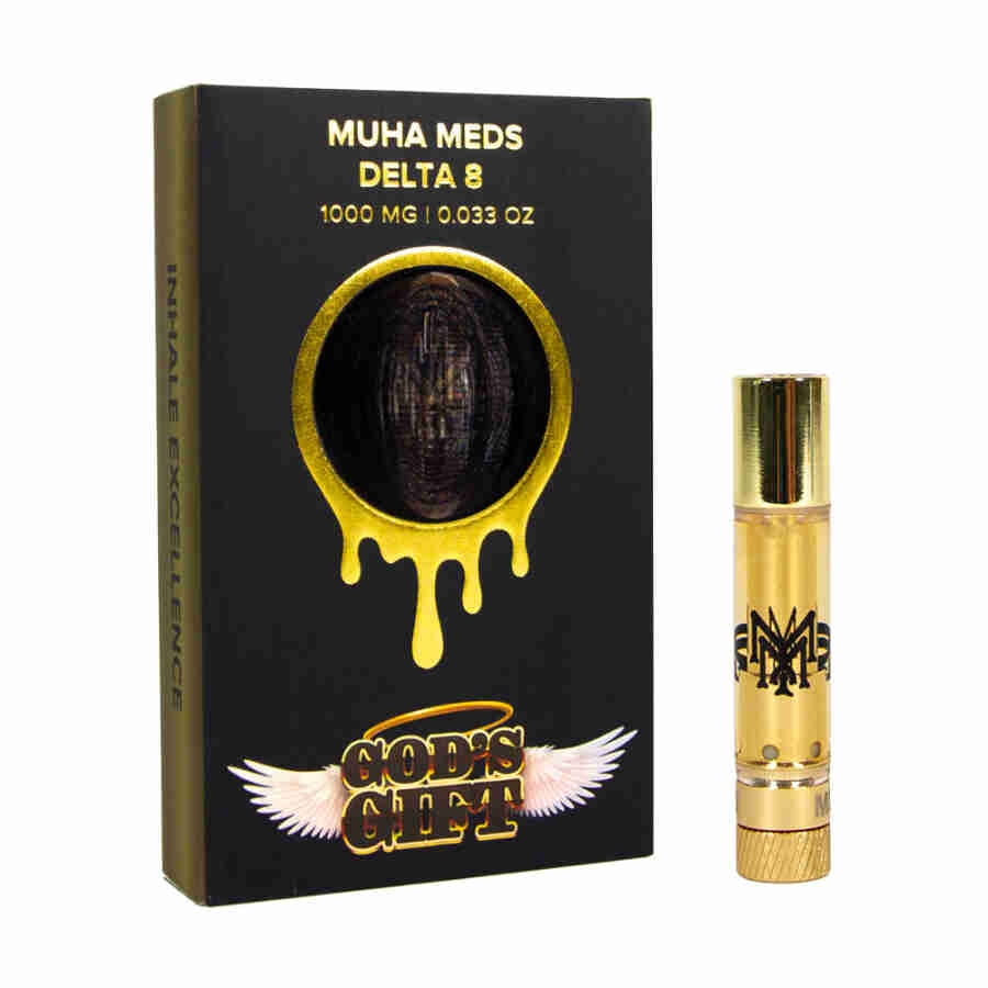 A gold box alongside a Muha Meds Delta-8 Disposable Vapes 1g (Copy) bottle.