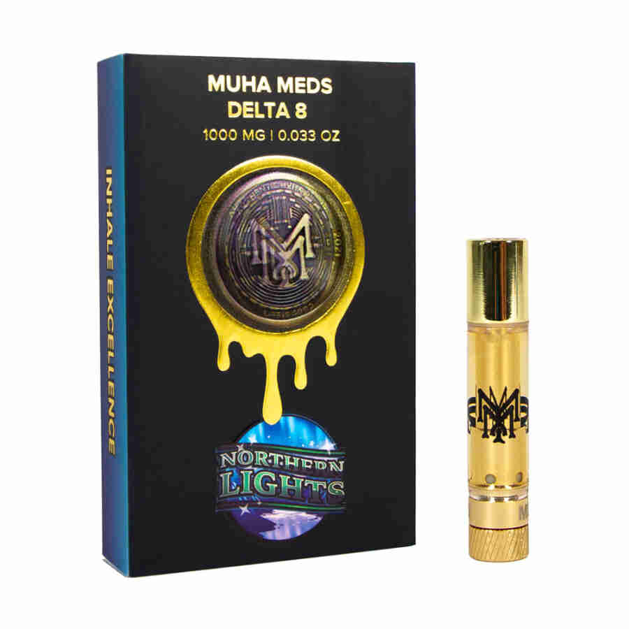 A gold box containing the Muha Meds Delta-8 Disposable Vapes 1g (Copy) and vape juice.