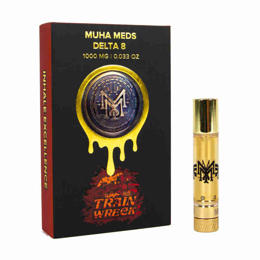 A gold-boxed Muha Meds Delta-8 Disposable Vapes 1g (Copy) bottle.