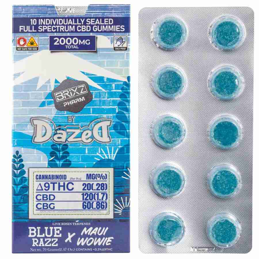 Brixz Pharm Delta-9 THC Full Spectrum CBD Gummies 2000mg 10pc blue cbd gummies.