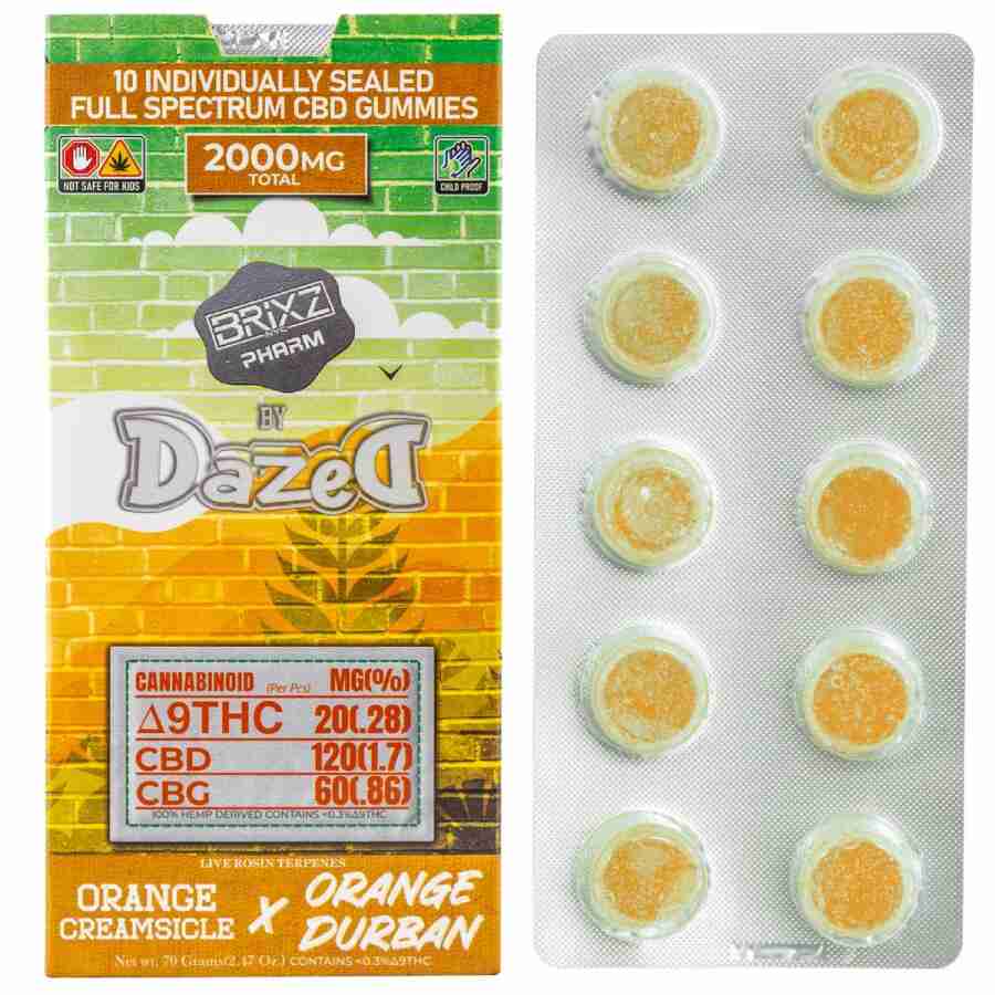 Daze Brixz Pharm Delta-9 THC Full Spectrum CBD Gummies 2000mg 10pc orange capsules.