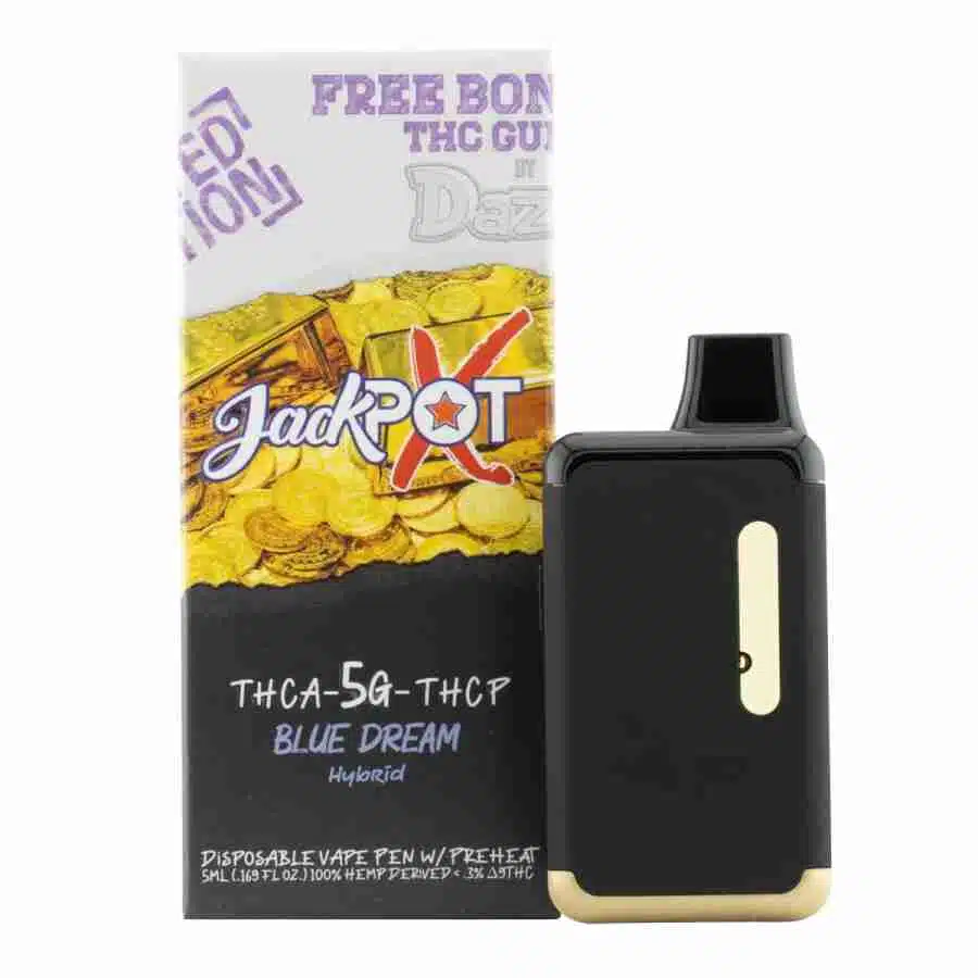 A box of e-liquid and a box of Dazed8 JackPotX Disposable Vapes 5g.
