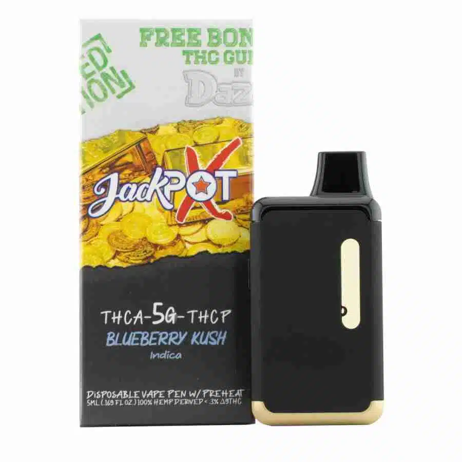 A box with a blueberry e-liquid and a box containing Dazed8 JackPotX Disposable Vapes 5g.