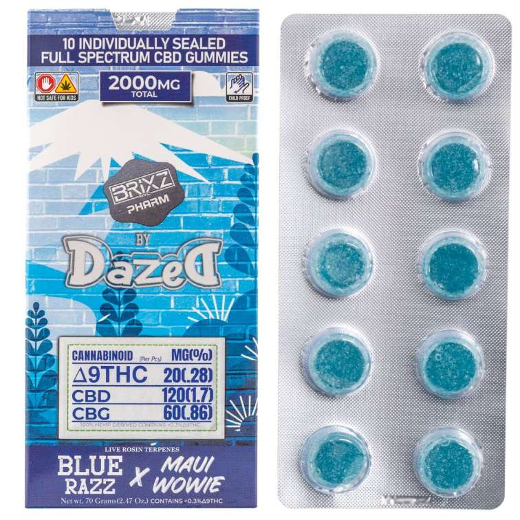 BRIXZ PHARM Delta-9 THC Full Spectrum CBD Gummies 2000mg 10pc Blue Razz x Maui Wowie