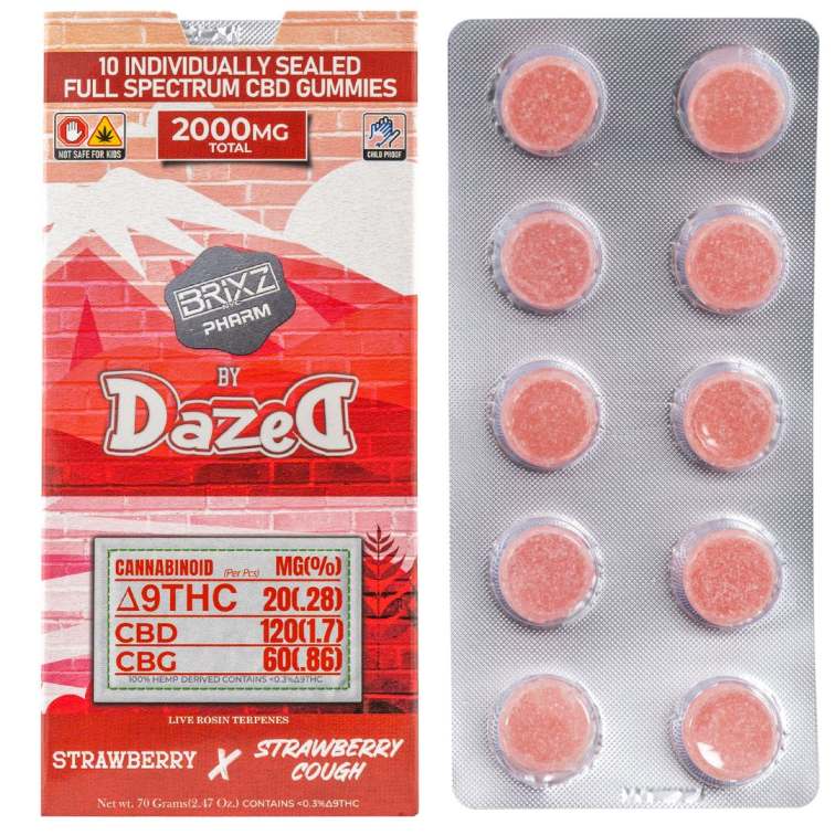 BRIXZ PHARM Delta-9 THC Full Spectrum CBD Gummies 2000mg 10pc Strawberry x Strawberry Cough