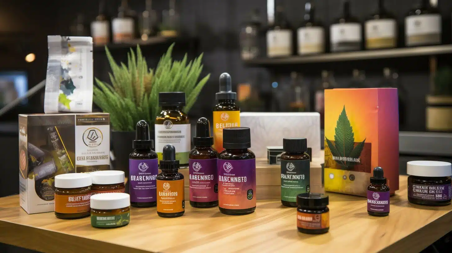 Various CBD products on a wooden table showcasing the CBN Benefits Chart.
