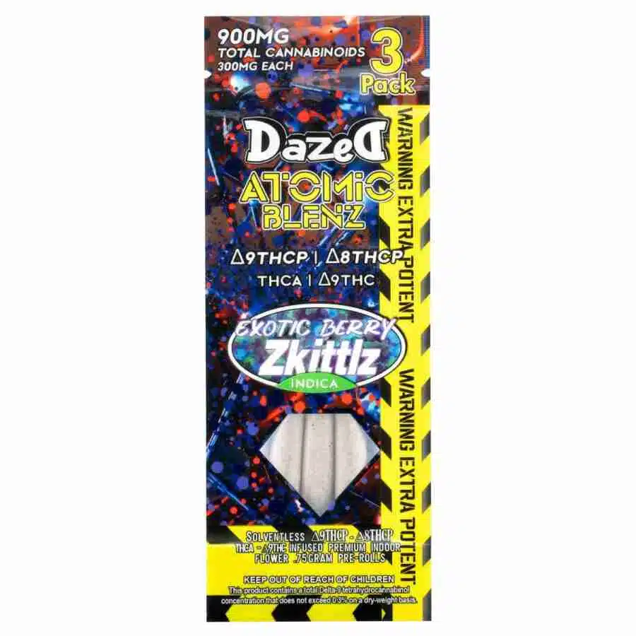 A package with a pack of Dazed8 Atomic Blenz Shatterwalkerz 3-Pack Pre-Rolls 2.25g.