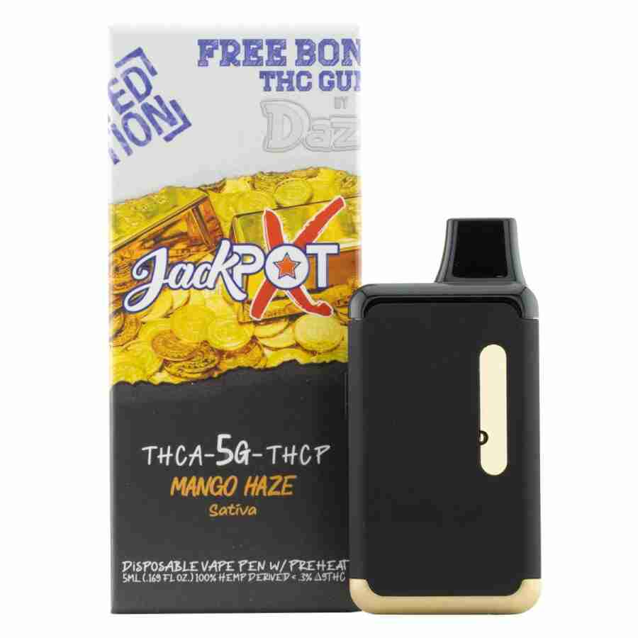 A box with a box of e-liquid and a Dazed8 JackPotX Disposable Vapes 5g.
