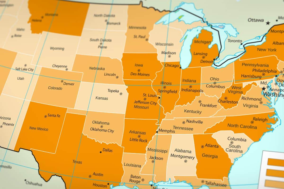 A map of the United States highlighting states where delta 9 is legal.