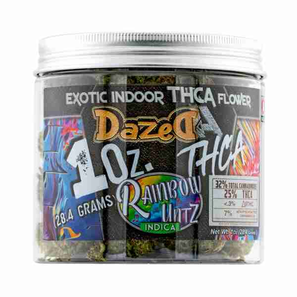 A jar of Dazed8 THC-A Premium Indoor Flowers 1oz labeled Dazed8 THC-A Premium Indoor Flowers rainbow runtz indica