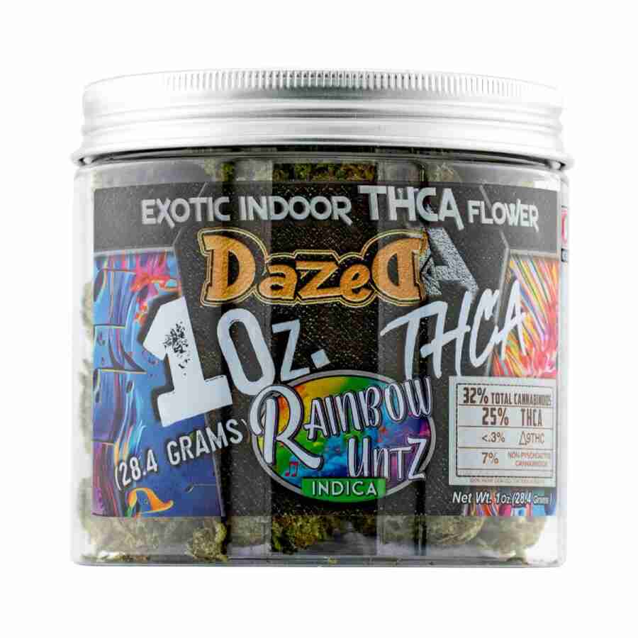 A jar of Dazed8 THC-A Premium Indoor Flowers 1oz labeled Dazed8 THC-A Premium Indoor Flowers.