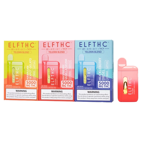 ELF THC Telerin Blend Disposables 5g vape cartridges available in various colors.
