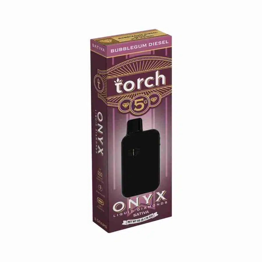 A box containing a Torch Onyx Liquid Diamonds Disposable Vape | 5g and a disposable vape with Onyx Liquid Diamonds.