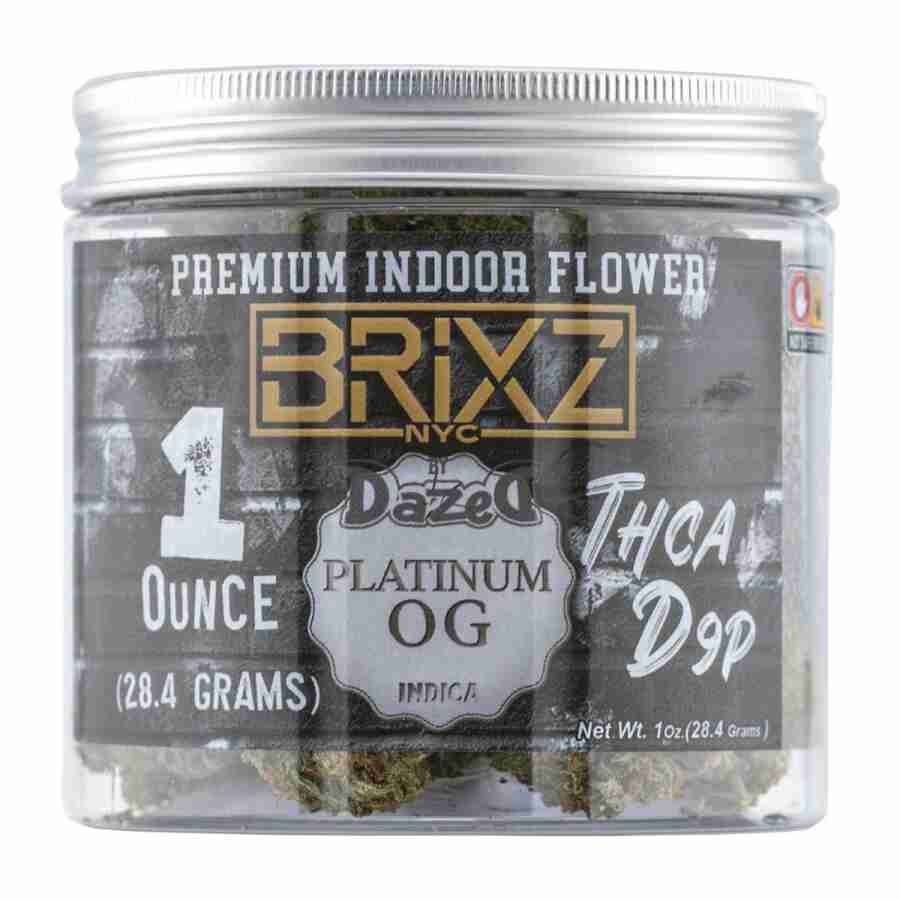 A 1oz jar of Brixz THC-A D9P Premium Indoor Flowers.