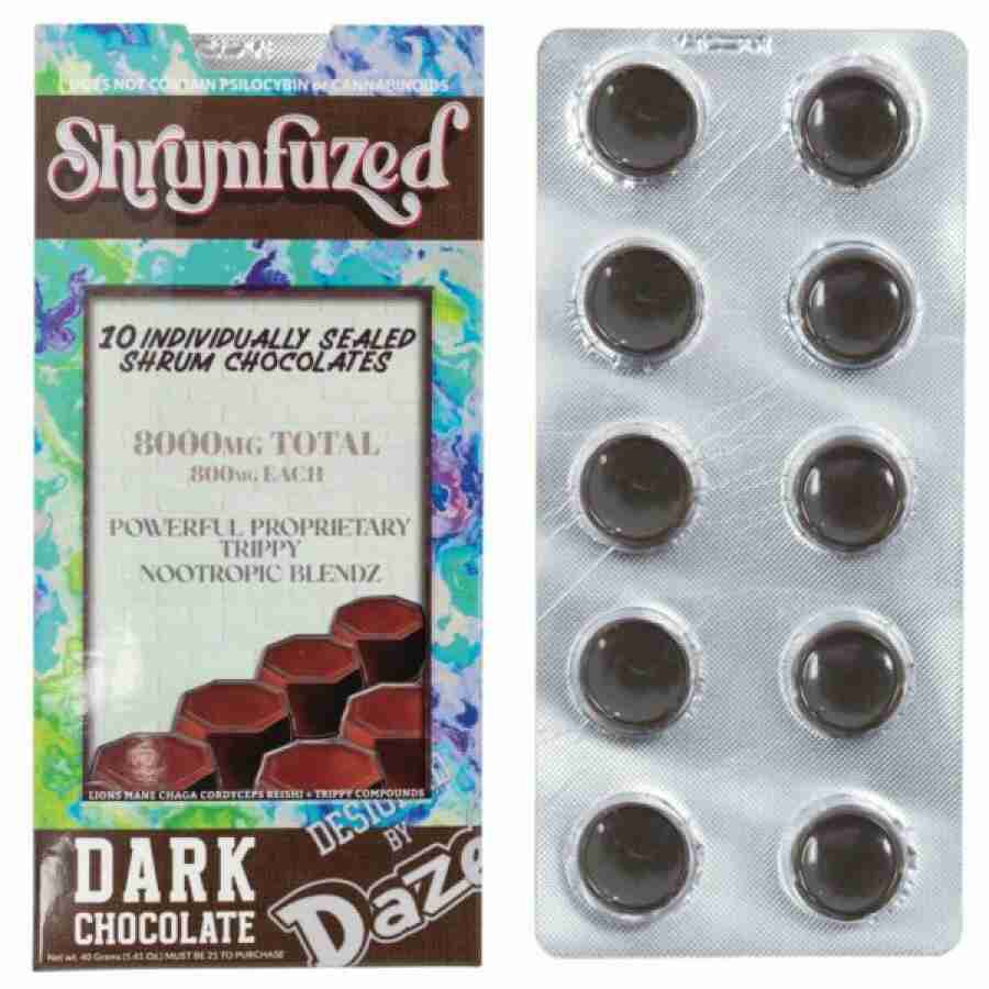 A package of symfused dark chocolate infused with shrumfuzed nootropic.