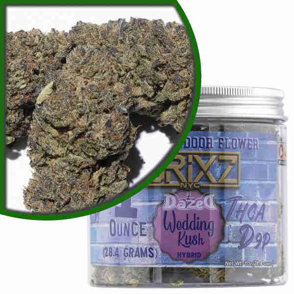 A jar of Wedding Kush marijuana with a jar of THC-A next to it.