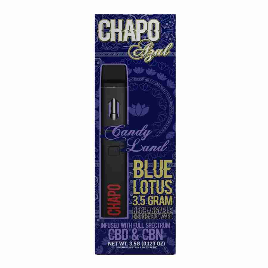 A box of Chapo Azul Blue Lotus Disposables with a Blue Lotus e-liquid in it.