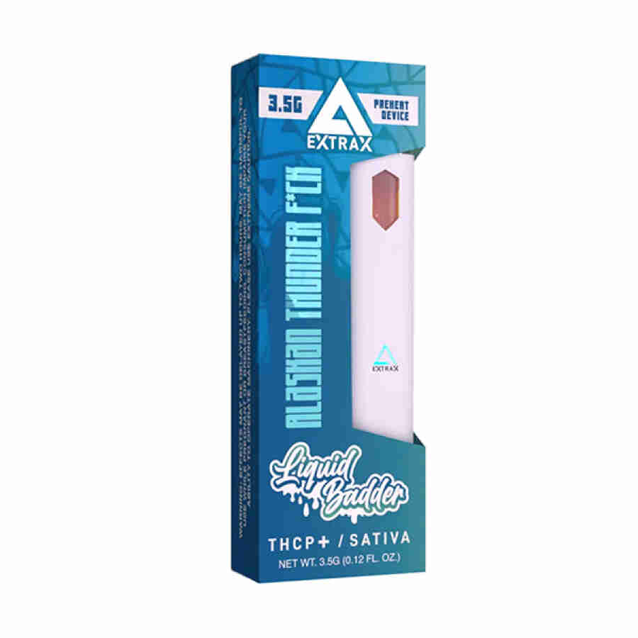 A white box of Delta Extrax Liquid Badder Disposable Vape Pens 3.5g.