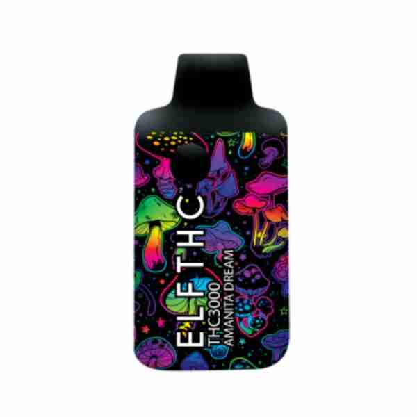 A black bottle with a colorful design on it, featuring ELF THC 3000 Limited Edition Disposables 3.5g.