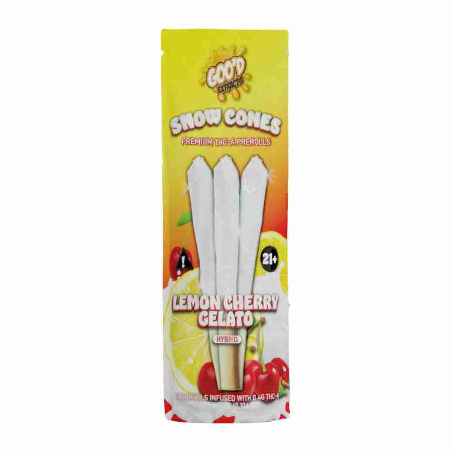 A package of Goo'd Extracts Snow Cones THC-A Diamonds 1 Gram Prerolls 3pc with cherry and lemon.