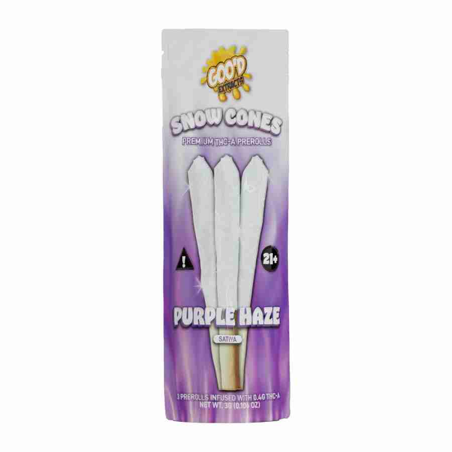 A package of Goo'd Extracts Snow Cones THC-A Diamonds 1 Gram Prerolls 3pc on a white background, featuring THC-A diamonds and 1 gram prerolls.