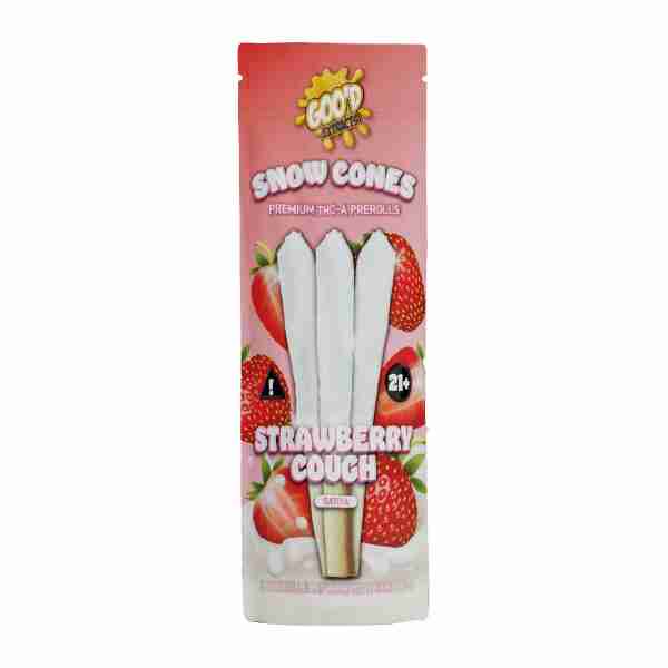 A package of Goo'd Extracts Snow Cones THC-A Diamonds 1 Gram Prerolls 3pc strawberry cough strain flavor