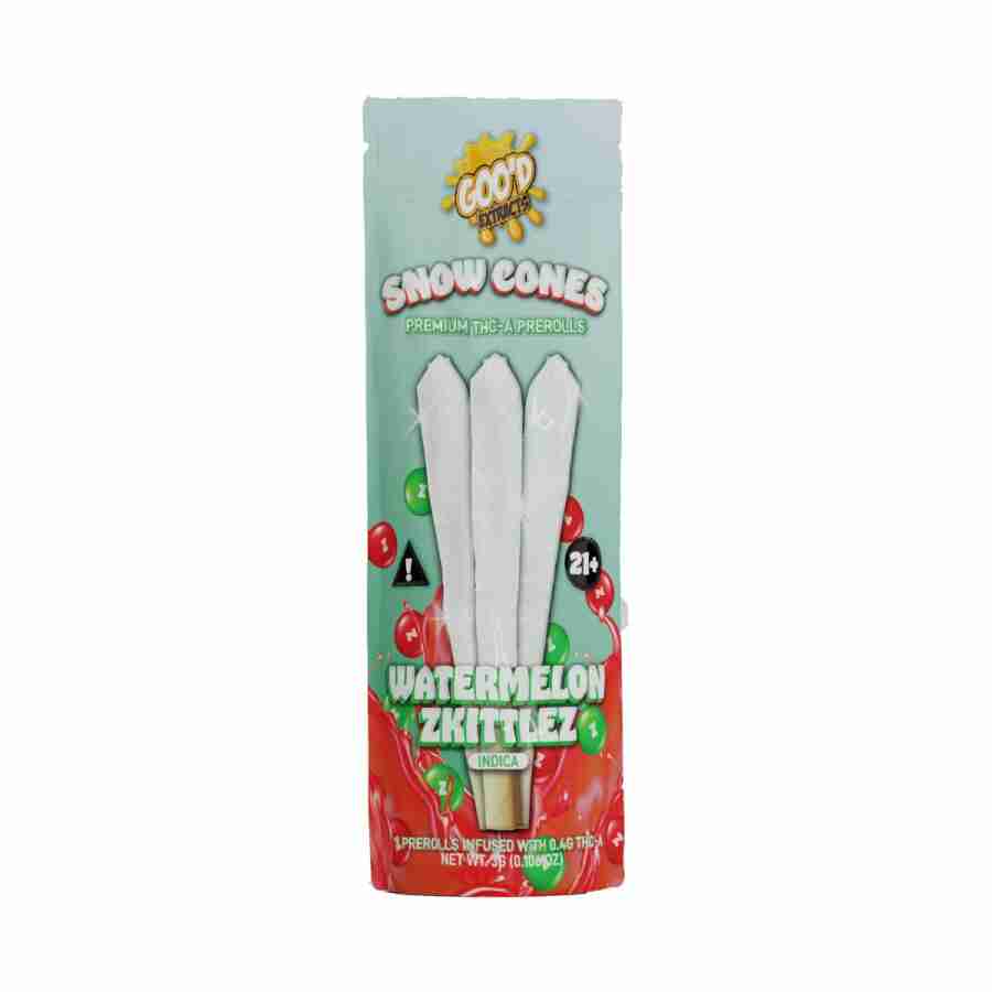 Goo'd Extracts Snow Cones THC-A Diamonds 1 Gram Prerolls 3pc package on a white background.