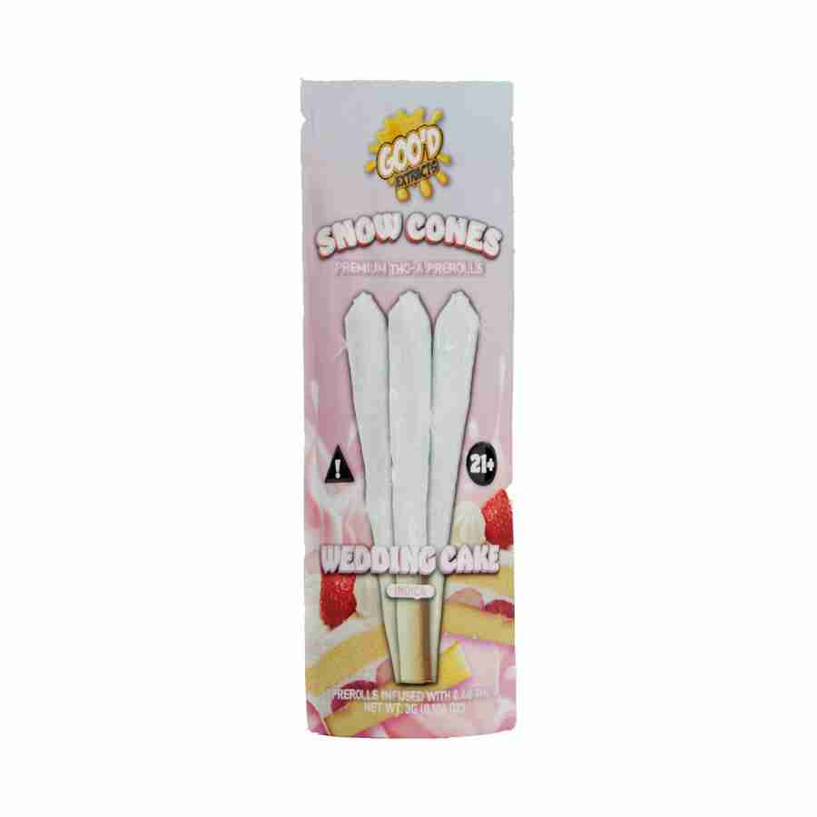 A package of Goo'd Extracts Snow Cones THC-A Diamonds 1 Gram Prerolls 3pc on a white background.