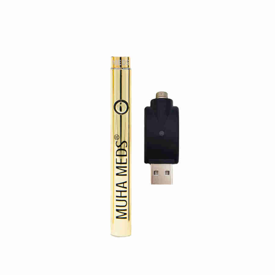 A gold and black Muha Meds 510 Vape Battery Pack device next to a white background.