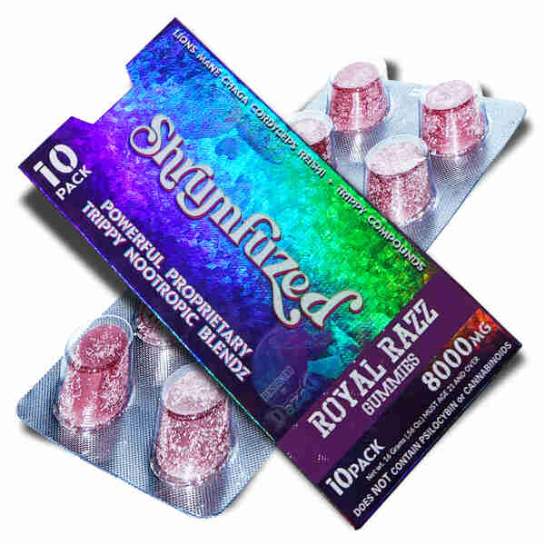 A package of Royal Raze Shrumfuzed Nootropic Trippy Psychedelic Mushroom Gummies 10pc, infused with the nootropic powers of shrumfuzed mushrooms.