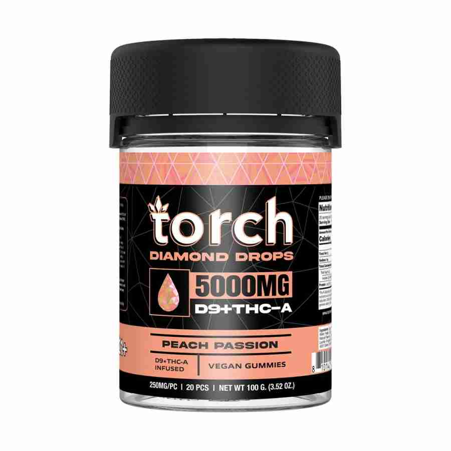 Torch Diamond Drops Vegan Gummies 5000mg 20pc - peach passion. These vegan gummies come in a pack of 20, each containing an impressive 5000mg concentration.