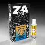 A Zaza Black Box Heavy Hitter Cartridges 2g with a bottle of Zaza e liquid and a smiley face.