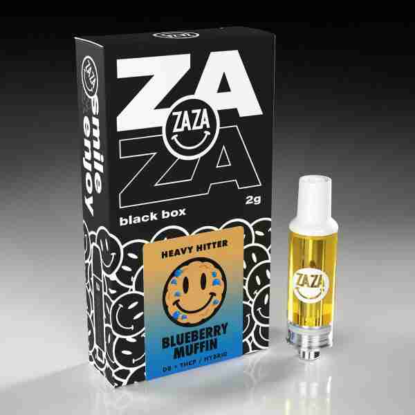 A Zaza Black Box Heavy Hitter Cartridges 2g with a bottle of Zaza e liquid and a smiley face.