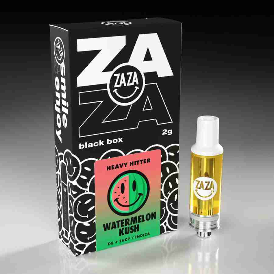 A Zaza Black Box Heavy Hitter Cartridges 2g next to a bottle of watermelon e liquid.