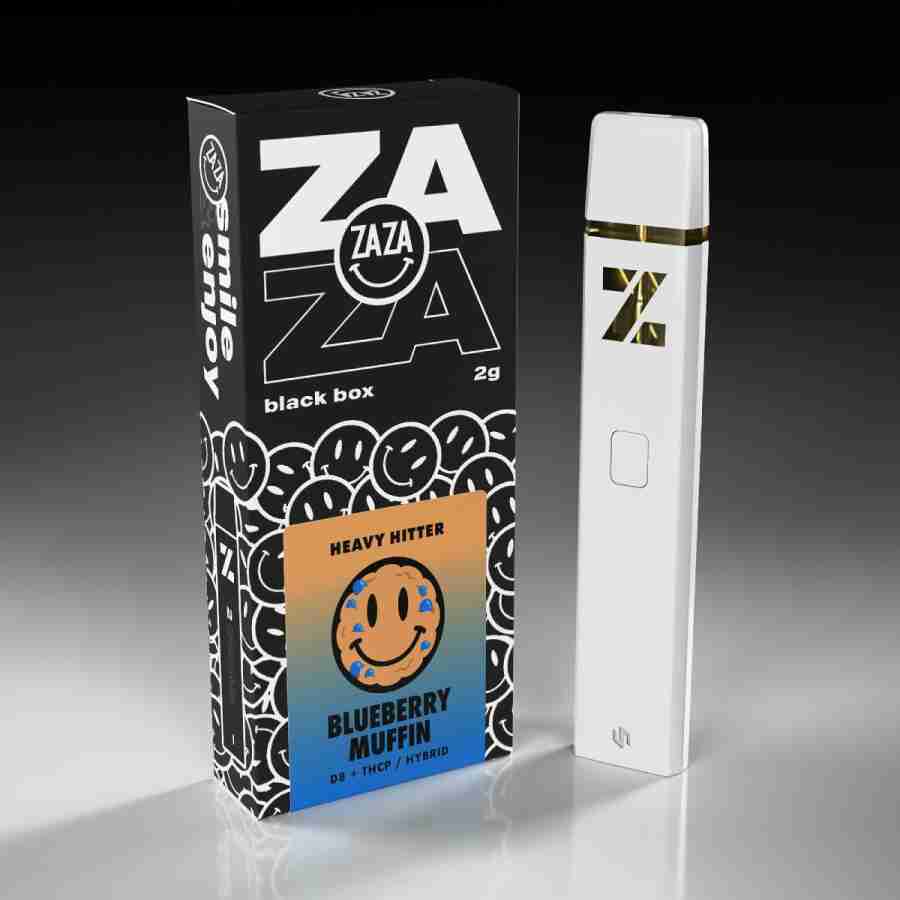 A white box with a blueberry vape pen next to it, featuring the Zaza Black Box Heavy Hitter Disposable Vape Pens 2g.