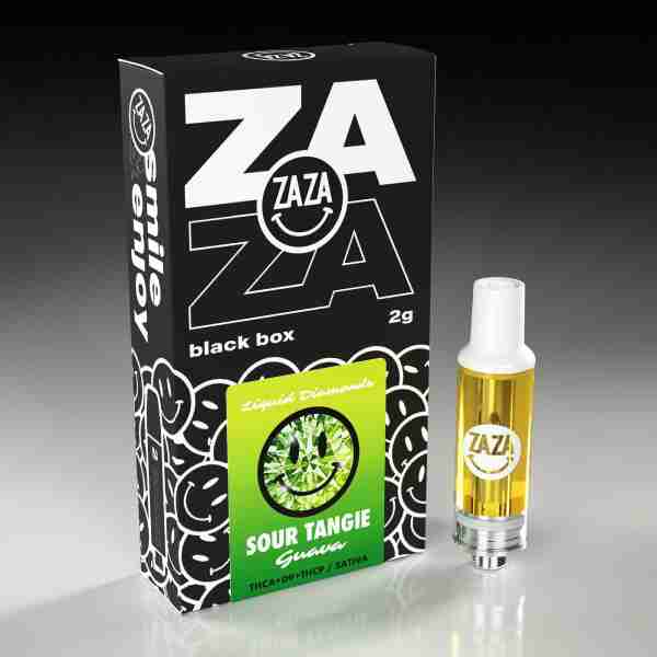 A Zaza Black Box Liquid Diamonds Cartridges 2g next to a bottle containing e-liquid.